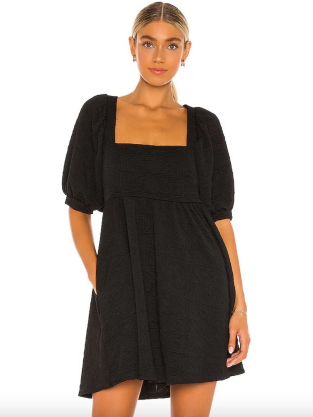 Free People Violet Textured Knit Puff Sleeve Mini Babydoll Dress, Black, Sz L
